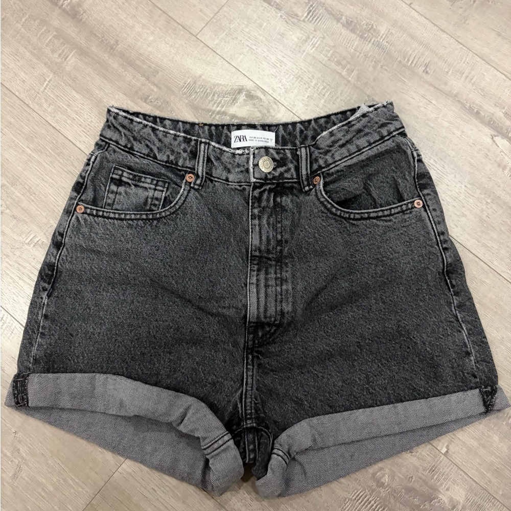 Zara Washed Black Denim Roll-Cuff Shorts